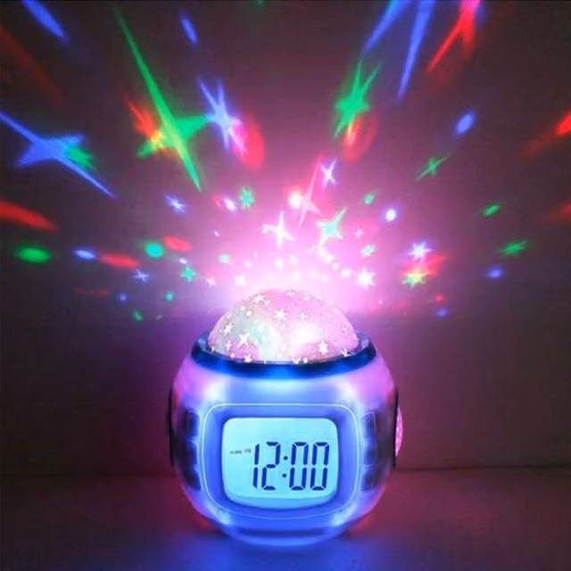 Despertador Digital Pimpimsky A6 con Proyector de Cielo Estrellado, Lámpara de Mesa con Música, Termómetro y Pantalla de Fecha en Color Blanco