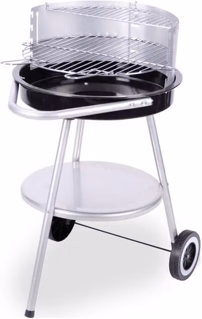 Barbacoa de pie Koopman de acero inoxidable y negro con ruedas y rejilla de calentamiento para carbón, ø47 cm
