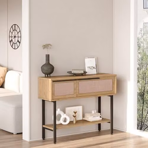 Mueble recibidor en.casa Kvænangen con 2 puertas abatibles y estante, efecto roble y ratán, An/P/Al: 100 x 30 x 76 cm