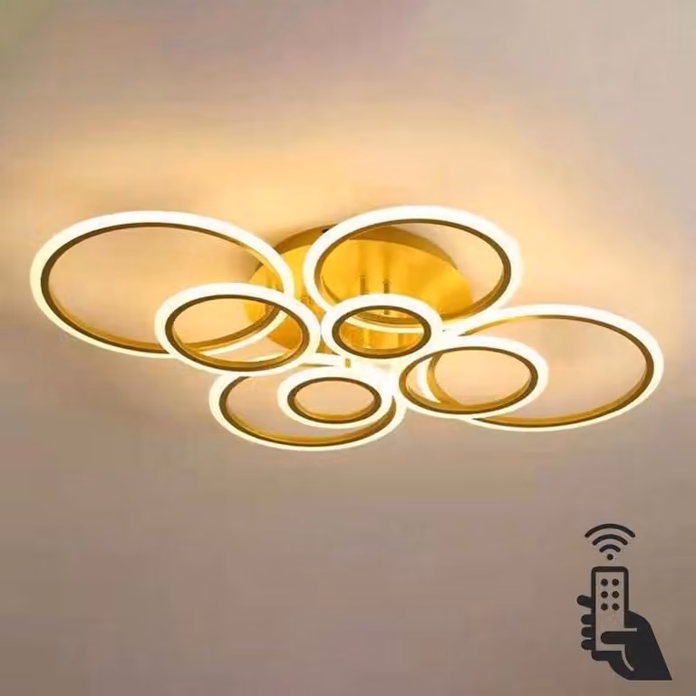 Luminaria LED de techo LEDBOX Cycle con 8 aros, 160W, CCT regulable 3000-4000-6000K, control 0-10V con mando y WiFi, color dorado/latón
