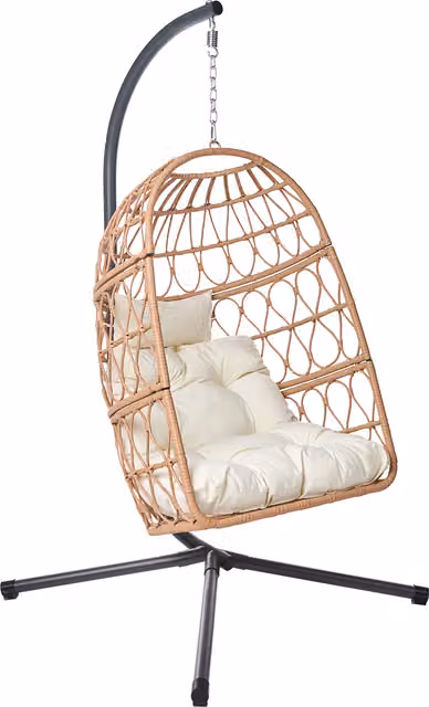 Sillón Colgante Egg Boho Beliani de Ratán Sintético con Soporte de Metal y Cojines Incluidos, Beige y Negro, An/P/Al: 102 x 105 x 195 cm