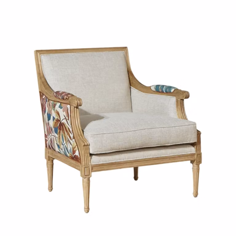 Sillón bergère clásico Robin des Bois de madera maciza y tela floral beige