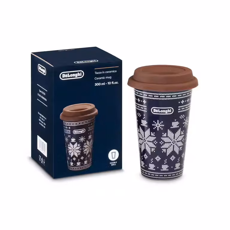 Taza de cerámica de doble pared De'Longhi con diseño geométrico azul, 300 ml
