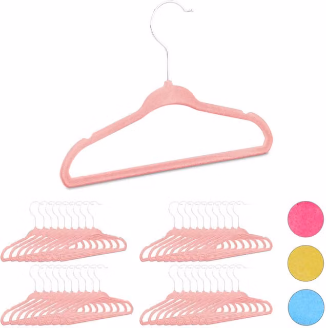 Pack de 40 perchas infantiles antideslizantes de terciopelo con gancho giratorio 360 grados de relaxdays, color rosa, An/P/Al: 18 x 28 x 0,5 cm