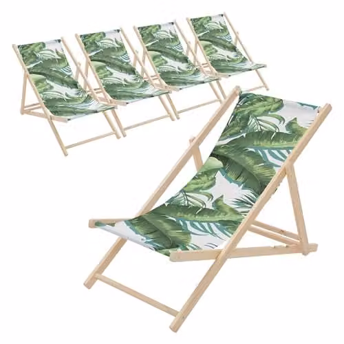 Pack de 5 sillas de playa plegables ECD Germany de madera con diseño floral verde y blanco, tumbonas con respaldo ajustable y capacidad de hasta 120 kg para jardín, terraza o piscina