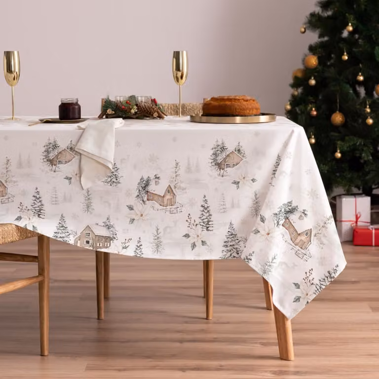 Mantel de Navidad de Algodón con Diseño Gráfico, Repelente al Agua y a las Manchas, Blanco y Multicolor, An/P: 155 x 300 cm