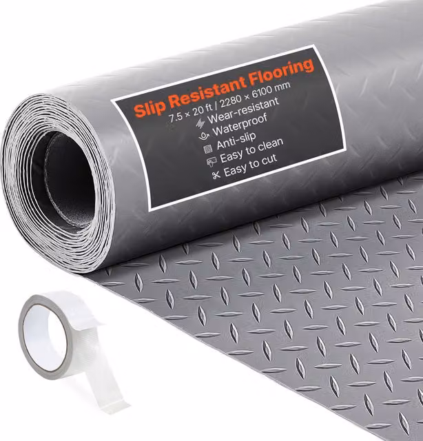 Rollo de suelo de PVC VEVOR para garaje y talleres, diseño geométrico antideslizante con cinta adhesiva, An/P: 228 x 610 cm, Grosor: 2,2 mm, Color Gris Plata