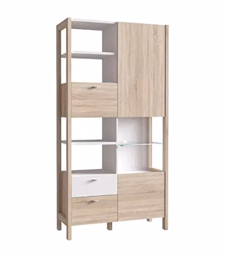 Vitrina Doble Alta Home Heavenly BJORN en Blanco y Roble con Puertas de Cristal, Cajones y Estantes para Salón, Al x An x P: 200 x 101 x 41 cm