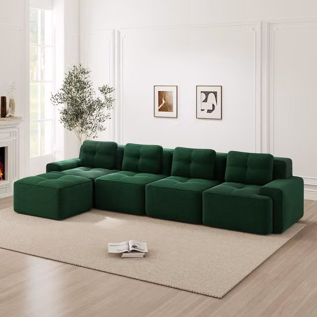 Sofá Modular Kellany de 4 Plazas en Forma de L con Chaise Longue, Tapizado en Pana Verde para Salón