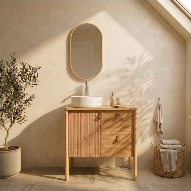 Conjunto de mueble de baño Joy en roble con lavabo, grifo y espejo ovalado de 80 cm