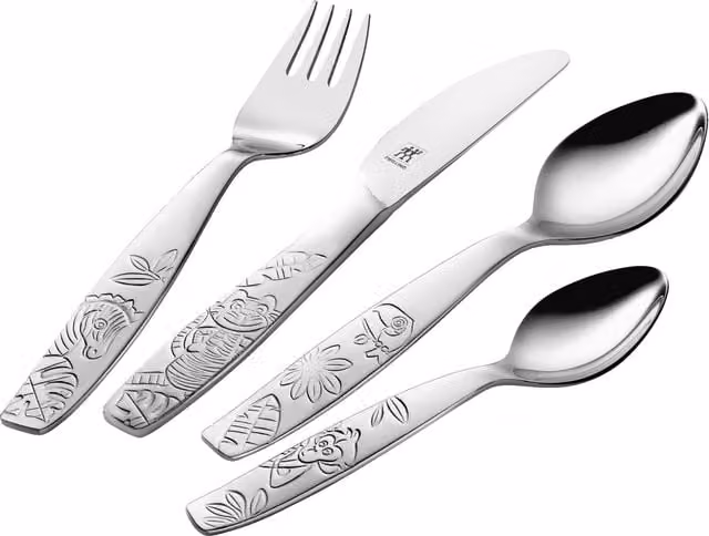 Set de cubertería infantil Jungle de Zwilling en acero inoxidable, 4 piezas, acabado mate multicolor y plateado