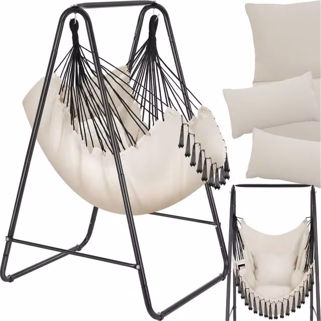 Silla colgante Tectake estilo boho con 3 cojines gruesos y soporte de metal en color beige