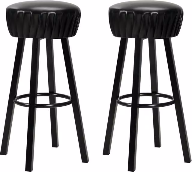 Juego de dos taburetes de bar de diseño industrial HELLOSHOP26 con asiento de piel sintética negro y estructura de metal mate