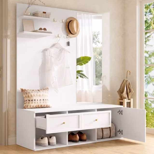 Mueble de entrada moderno OKWISH con espejo, banco, 2 cajones, estante y 5 ganchos, color blanco, An/P/Al: 120 x 35 x 159 cm