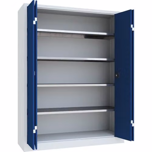 Armario de puertas plegables Certeo en metal con estantes internos y cerradura, disponible en gris o azul, An: 150 cm, P: 50 cm, Al: 195 cm