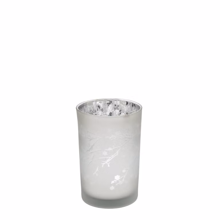 Portavelas decorativo de vidrio Sia Deco en colores plata y gris para tealight con diseño floral y forma redonda, Altura: 18 cm, Ancho: 12 cm