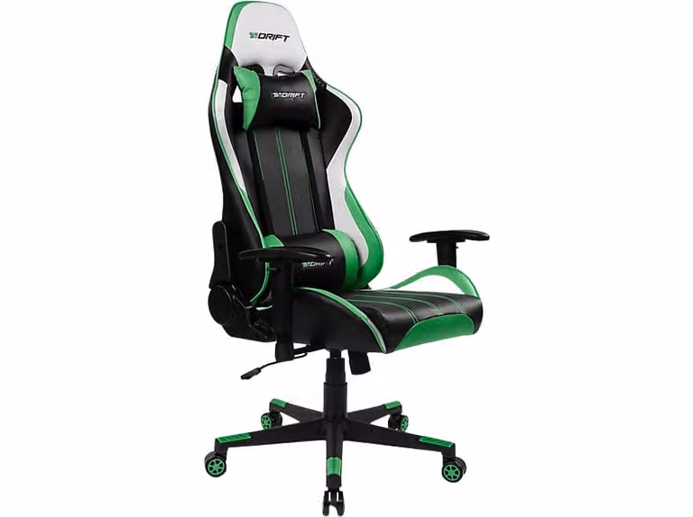 Silla gaming Drift DR175 giratoria en negro y verde con reposacabezas y apoyabrazos regulables 2D