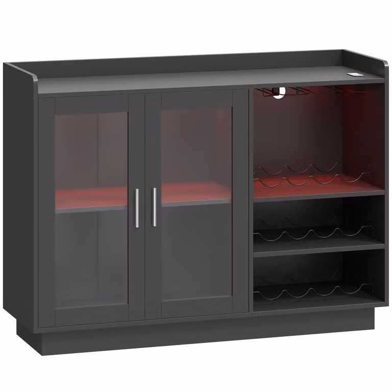 Armario para vino Homcom negro con puertas de vidrio templado y estantes internos, An: 120 cm, P: 38 cm, Al: 88 cm