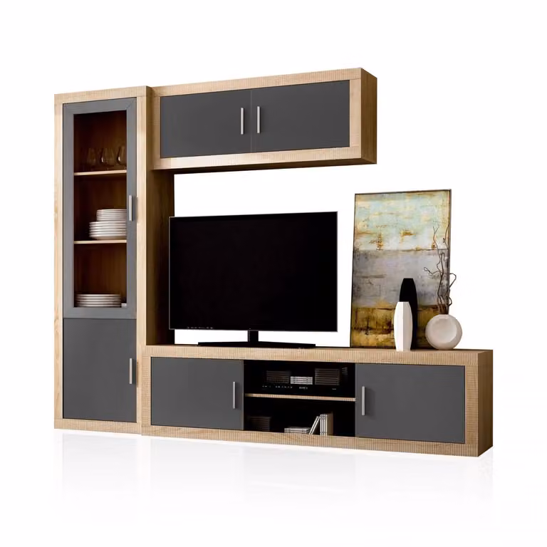 Salón modular Nuka V1 Duehome en blanco y gris con puertas de cristal An/P/Al: 240 x 193,2 x 41,4 cm