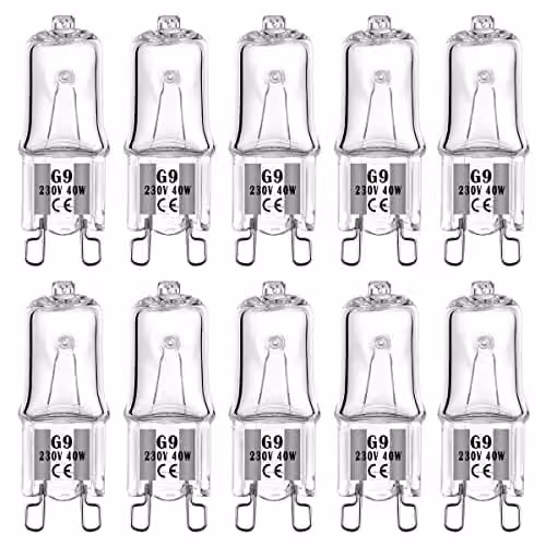 Pack de 10 bombillas halógenas VINBE G9 de 40W, luz blanca cálida, 230V, resistentes al calor hasta 300 grados C para horno y microondas, transparentes