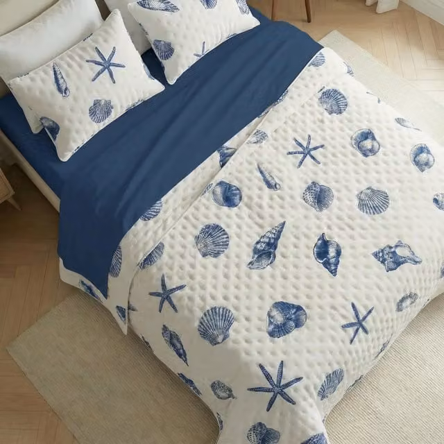 Colcha boutí estampada dénia para cama de 135/140 cm, color blanco y azul, An/P: 235 x 270 cm