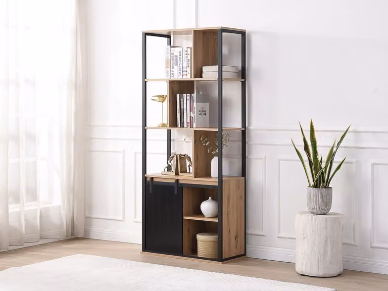 Biblioteca industrial VENTE-UNIQUE con puerta corredera de MDF y metal en color marrón y negro