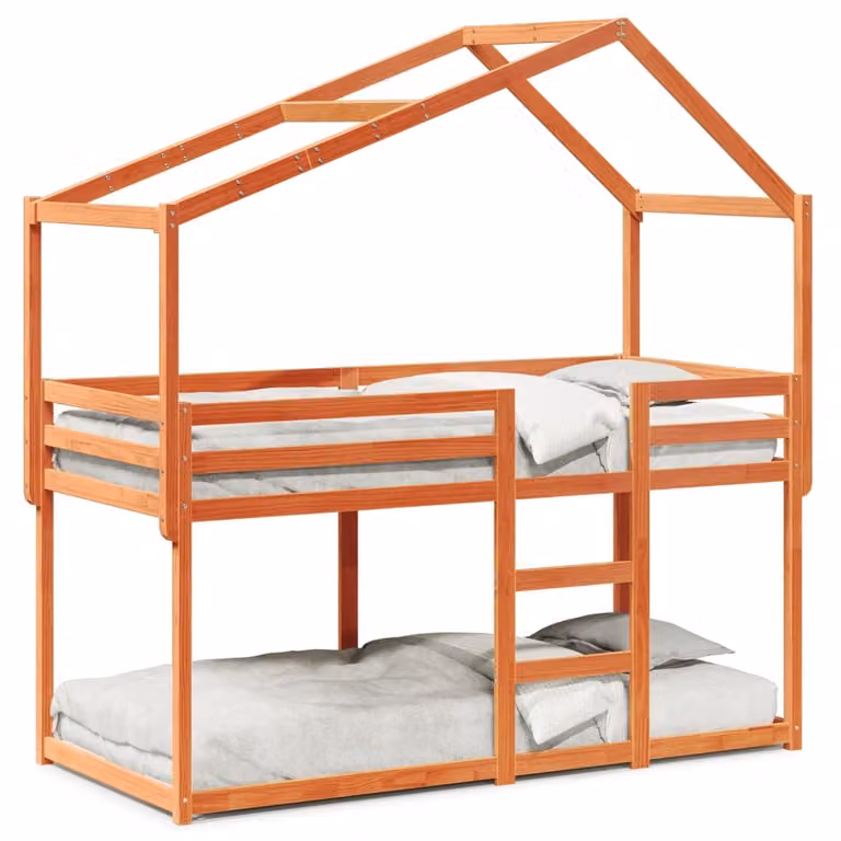 Cama infantil con estructura de casa vidaXL de madera maciza de pino en color marrón con zona de juego, An/P/Al: 90 x 200 x 112 cm