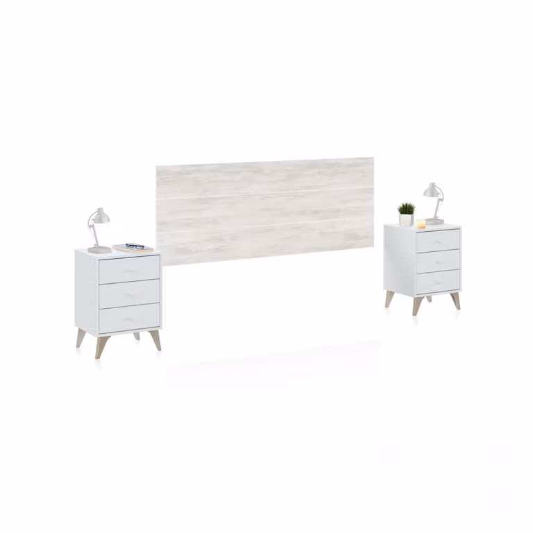 Cabecero Iconic de DUEHOME con mesitas de noche integradas y cajones en color blanco mate, An/P/Al: 160 x 60 x 33,5 cm