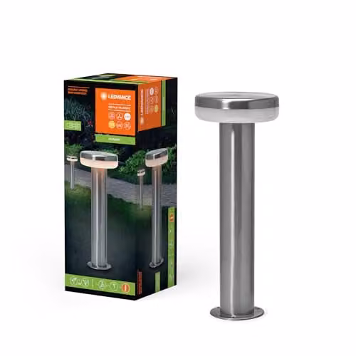 Lámpara de poste LEDVANCE ENDURA HYBRID MARI para jardín y terraza, tecnología híbrida solar y red, 4W, 240 lúmenes, luz blanca cálida 3000K, acero inoxidable color plata y negro, protección IP67