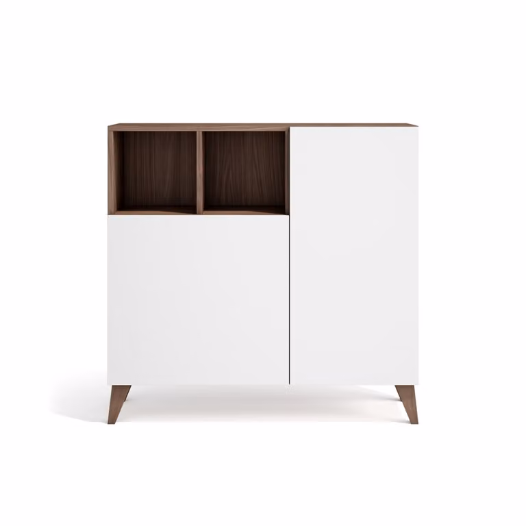 Mueble zapatero Oslo de HERDASA en melamina y madera de haya, color nogal con puertas blancas, estilo escandinavo, An/P/Al: 87 x 27 x 90 cm