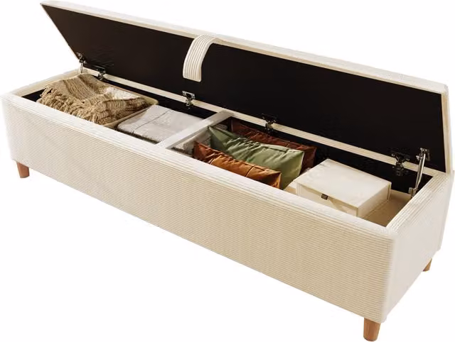 Banco de almacenaje Stilvora con base de elevación y tapizado de pana beige, An/P/Al: 175 x 38 x 46 cm