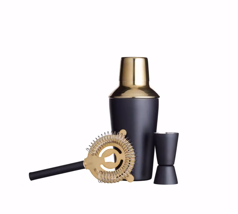 Juego de coctel BarCraft de acero inoxidable con shaker estanco en colores negro y bronce