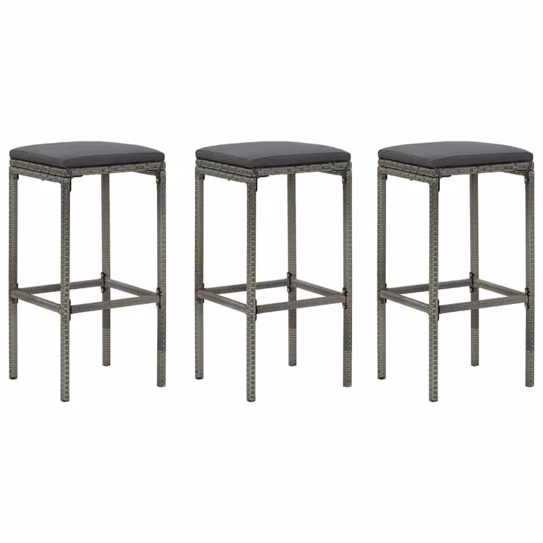 Set de 3 taburetes Syfax de ratán sintético y metal con cojines gris antracita para cocina o comedor