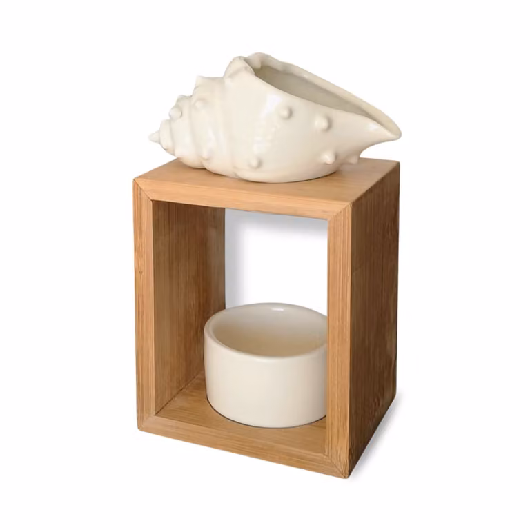 Quemador de perfume Shell de Zen'Arome en cerámica blanca y madera para difusor de aceites esenciales y ambiente, Altura: 12 cm