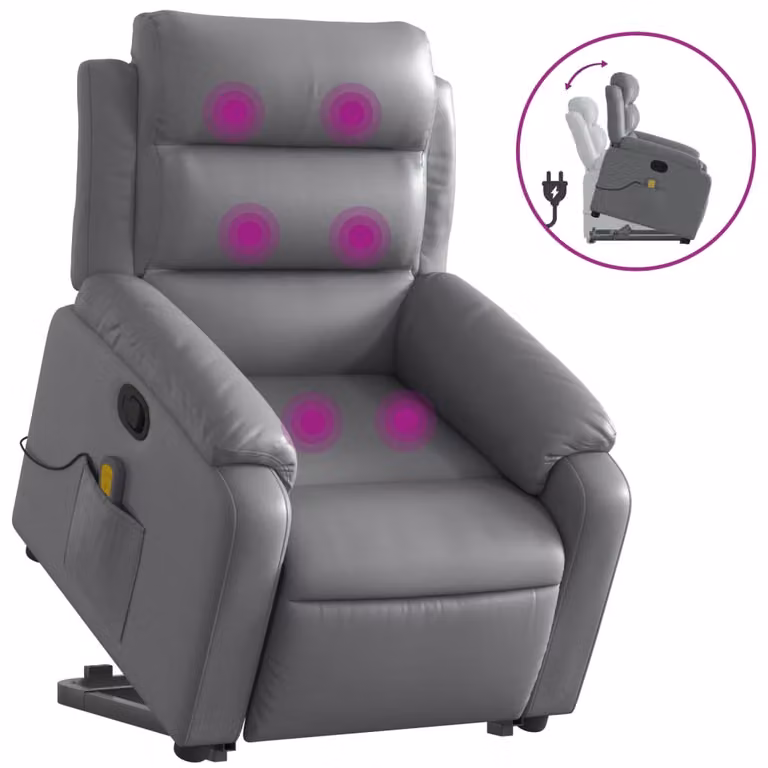 Sillón reclinable de masaje vidaXL en cuero artificial gris con asistencia de elevación para mayores
