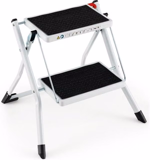 Escalera plegable de 2 peldaños NORTHIO de acero en color blanco con capacidad de carga de 150 kg y pies de goma