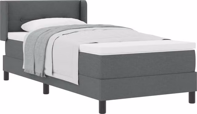Cama tipo box spring SYFAX con cabecera de tela gris y estructura de madera de pino An/P/Al: 90 x 200 x 203 cm
