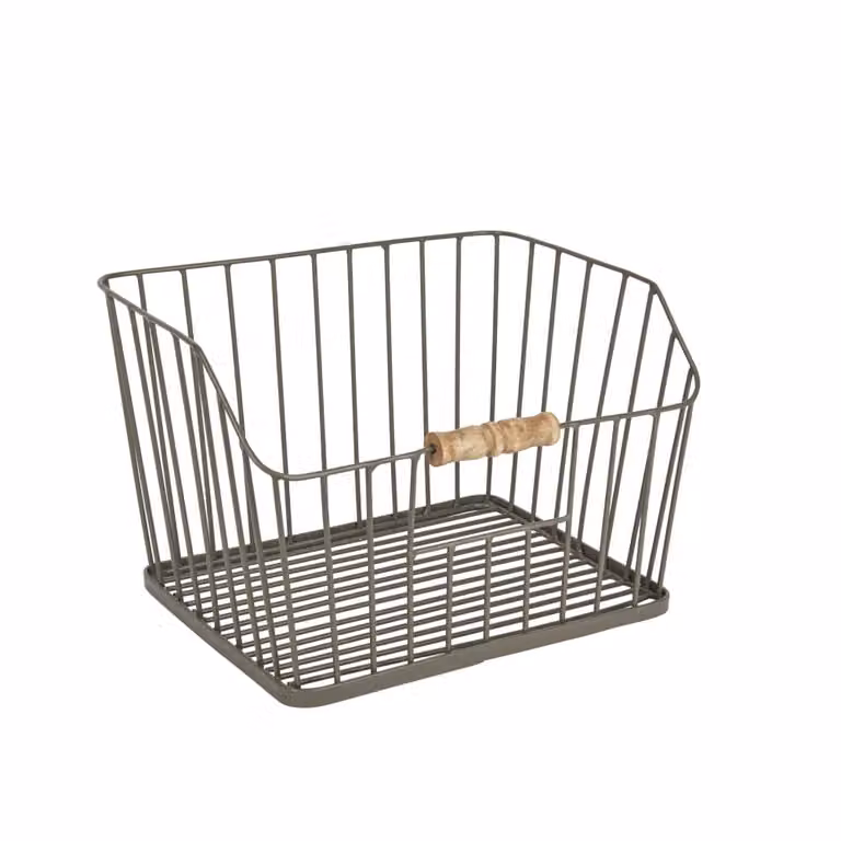 Cesta de almacenamiento de rejilla de metal y madera Living Nostalgia con asas en color gris