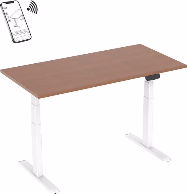 Escritorio motorizado para ordenador KIMEX con altura regulable, tablero de nogal y base blanca, An/P/Al: 150 x 75 x 62-128 cm