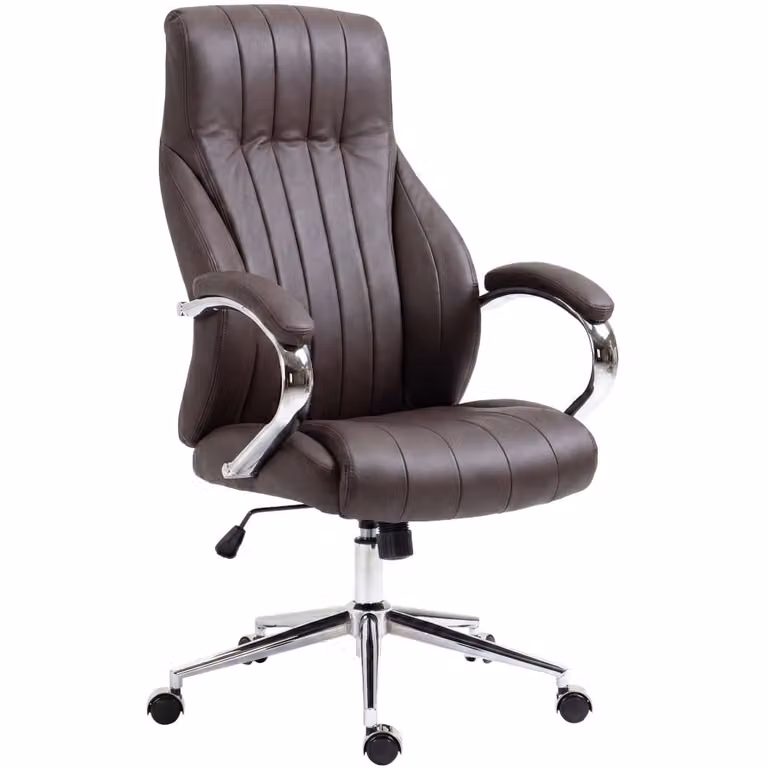 Silla de oficina ejecutiva giratoria de 360 grados en cuero marrón con reposabrazos y ruedas