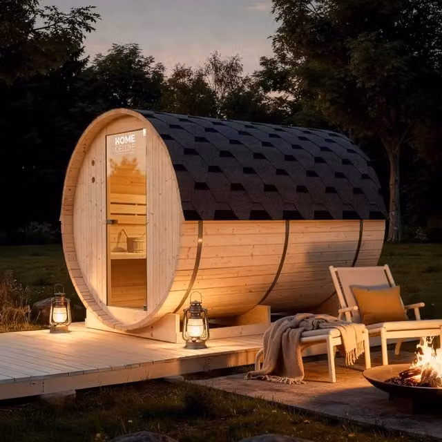 Sauna de barril exterior Home Deluxe LAHTI XL de madera de abeto en color marrón para 4 personas An/P/Al: 195 x 220 cm
