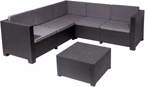 Set de jardín Oasis de Shaf con sofá rinconera de 5 plazas y mesa de centro en color gris antracita y cojines incluidos
