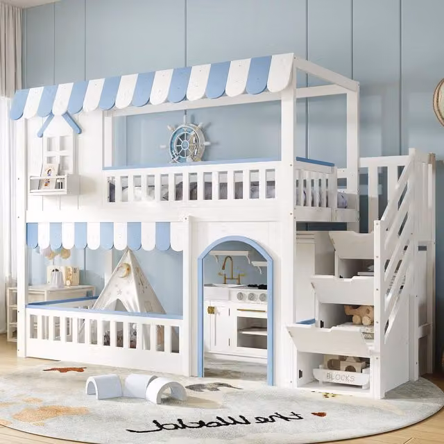 Litera infantil MODENVIE con escalera de almacenaje y estructura de casa, madera y MDF, blanco y azul, An/P/Al: 200 x 90 x 170 cm