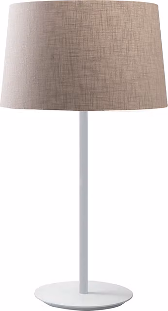 Lámpara de mesa Vivien de Grupo Rossi en color blanco con pantalla cónica de tela beige, casquillo E27 y estructura metálica para iluminación interior moderna