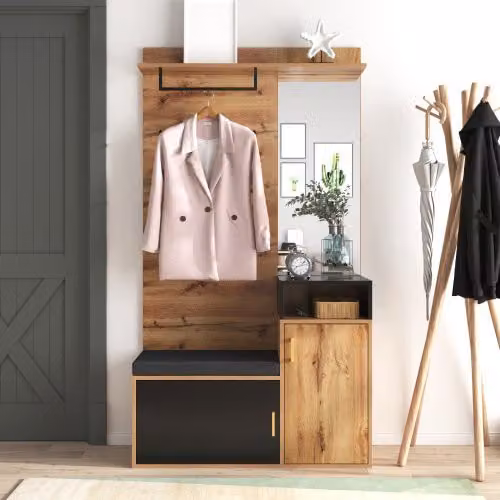 Perchero de entrada moderno YULINLAND con espejo, banco, zapatero y estante de pared en madera MDF, disponible en negro o marrón, An/P/Al: 191.5 x 40 x 46 cm