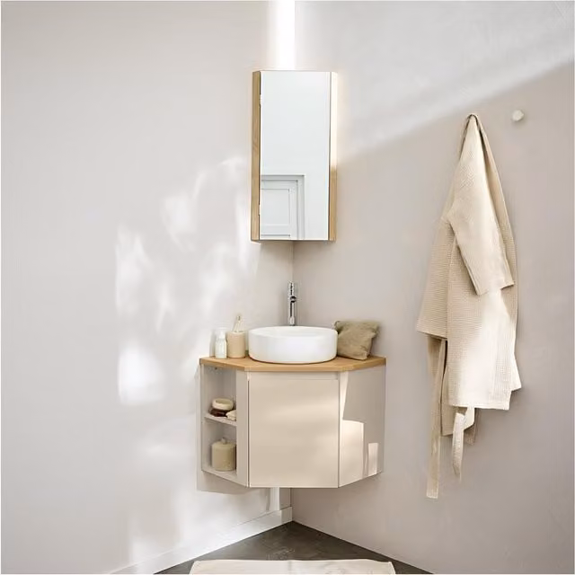 Conjunto de mueble lavabo de esquina Sorrento de Mob-In con lavabo, grifo y armario en acabado roble con iluminación LED para baño