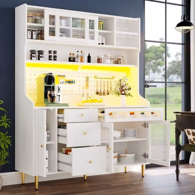 Aparador alto de cocina HAUSS SPOLE con iluminación LED y vinoteca, acabado blanco brillante con puertas de cristal, An/P/Al: 145 x 39 x 171 cm