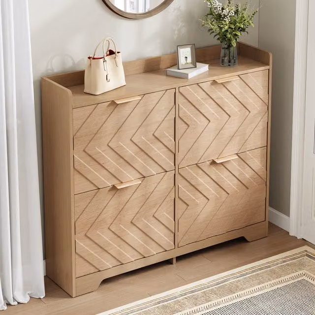 Zapatero WISHDOR de estilo moderno con puertas abatibles y cierre suave en MDF, color arena, An: 105 cm, P: 24 cm, Al: 90 cm