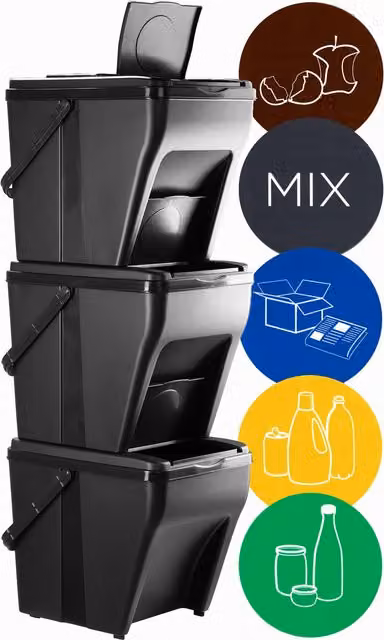 Sistema de contenedores apilables Kadax para reciclaje de residuos en casa, color negro, 3 unidades de 25 l cada una