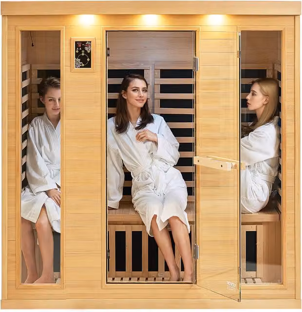 Sauna de infrarrojos VEVOR de madera de hemlock para 1 a 2 personas con puerta de vidrio, luces de colores y altavoces Bluetooth en color marrón